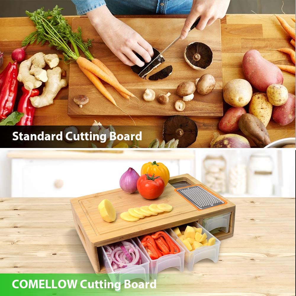 Bamboo Cutting Board with 4 Organizing Trays and 2 Graters