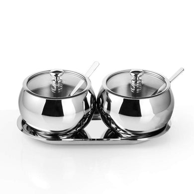 Stainless Steel Sugar Bowl with Lid Spoon and Tray