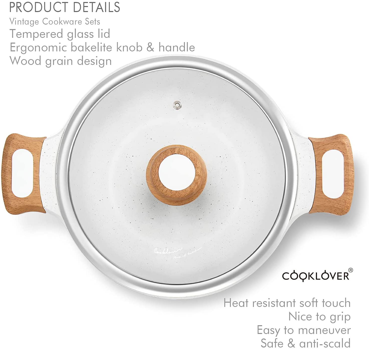 Masterclass Wood-Look Handle Aluminum Saute Pan with Glass Lid