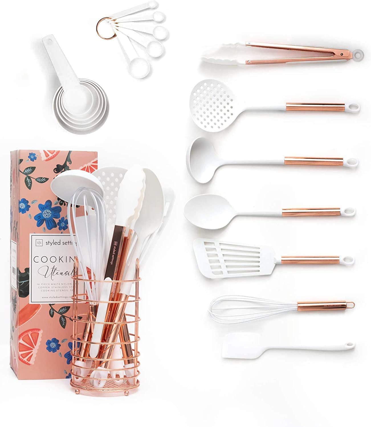 White and Gold Cooking Utensils with Holder - 18 PC Gold Kitchen