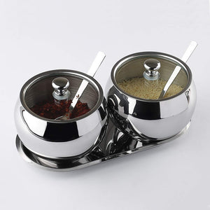 Stainless Steel Sugar Bowl with Lid Spoon and Tray