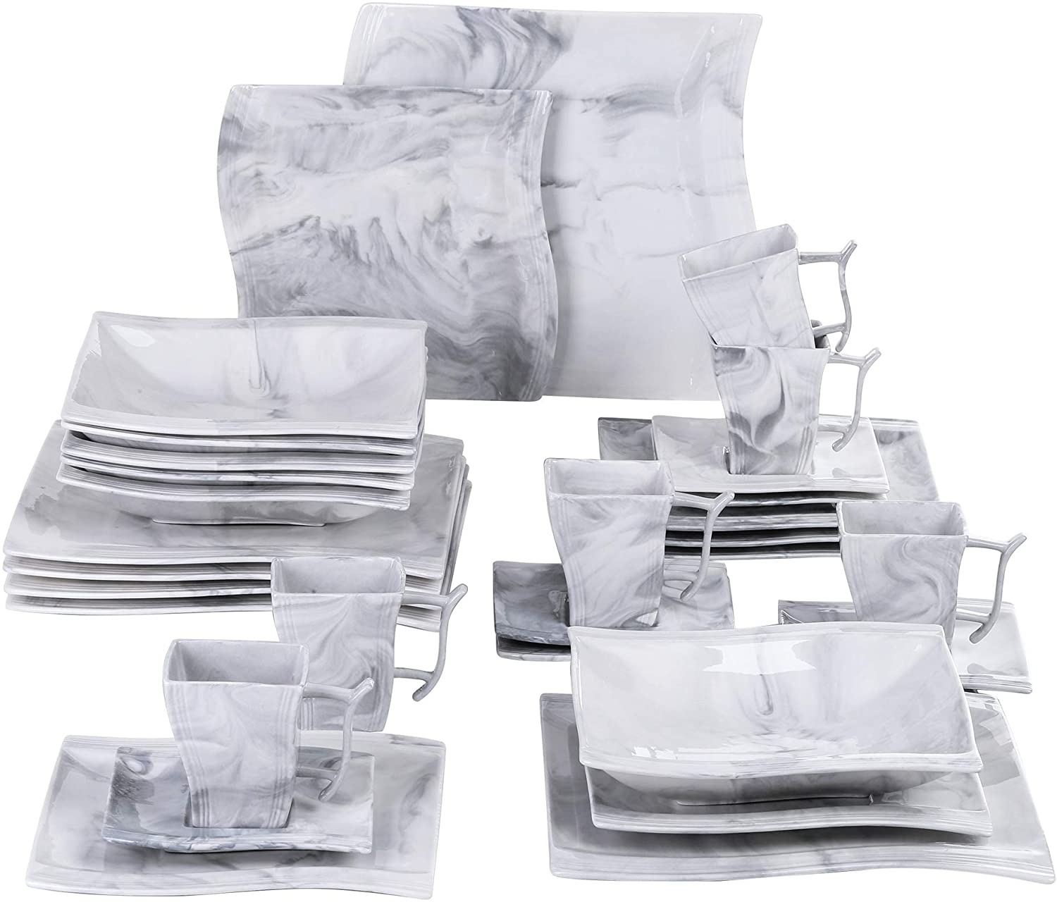 MALACASA Blance 30-Piece Porcelain Marble Grey Dinnerware Set