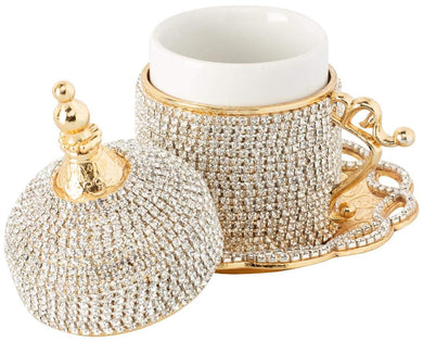 Luxury Turkish Coffee Cup with Inner Porcelain, Metal Holder, Saucer and Lid, 4 Pieces
