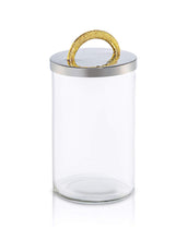 Load image into Gallery viewer, Glass Cookie/Candy Canister with Stainless Steel Lid- Silver and Gold (8&quot;H)