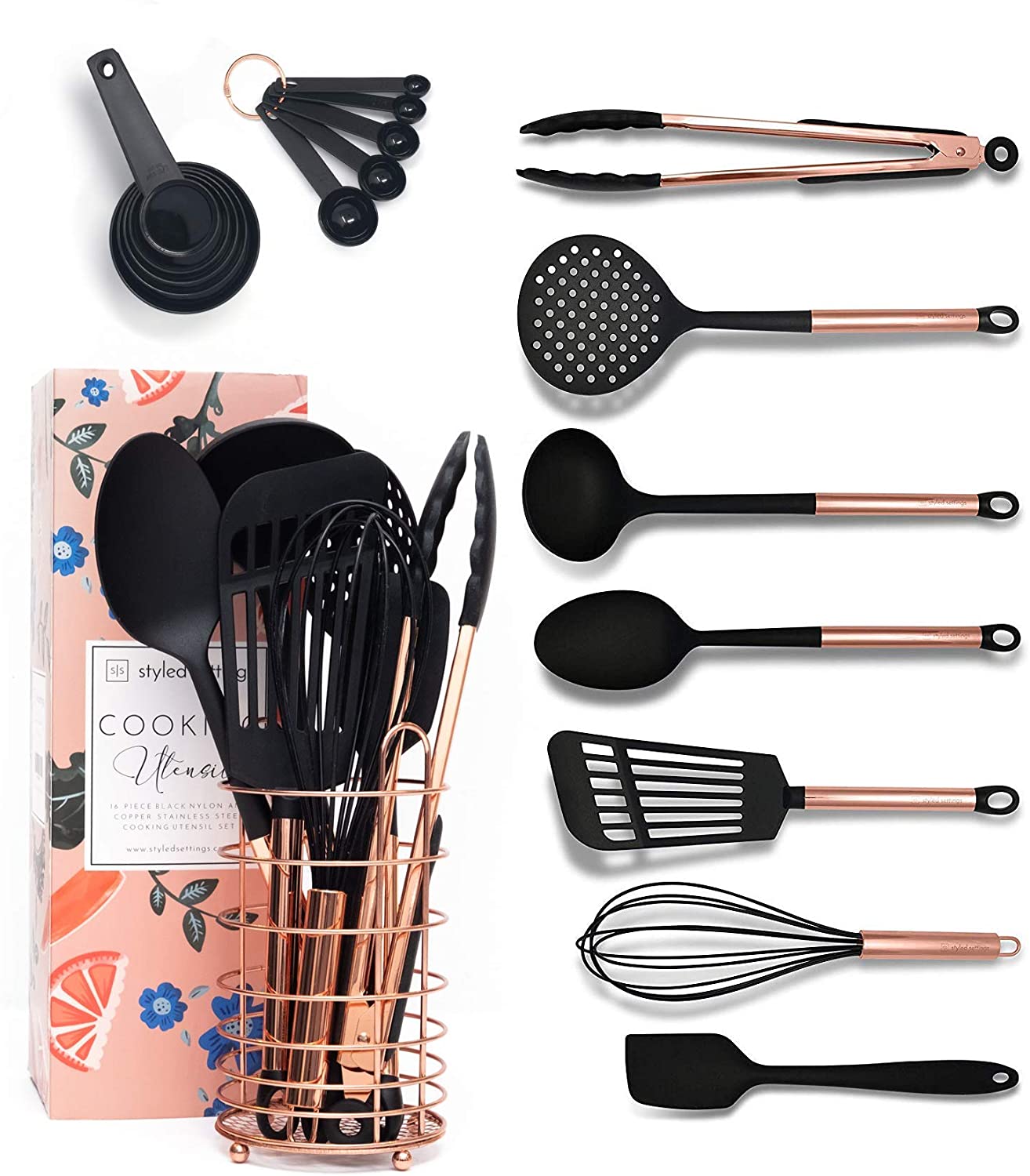 Styled Settings Copper and Pink Kitchen Utensils -17PC Pink Cooking Utensils Set with Holder, Includes Pink Measuring Cups and Spoons Set, Copper