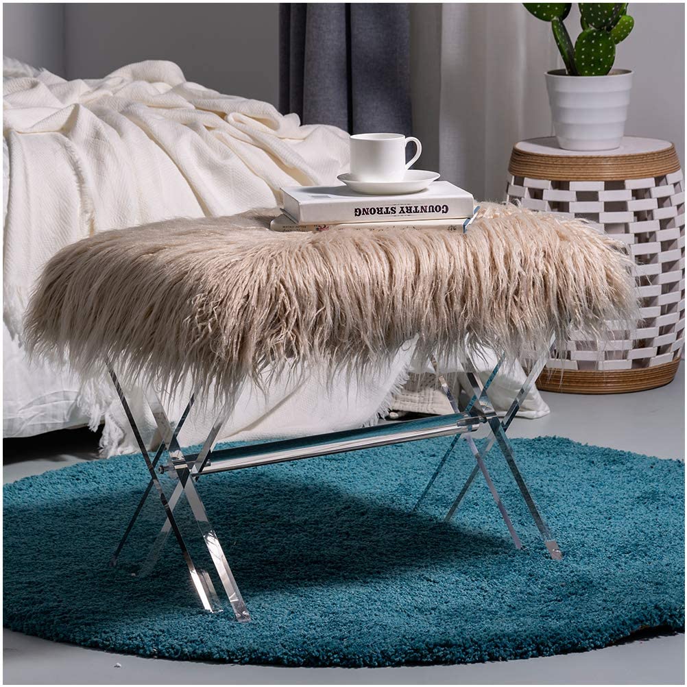 Luxurious Faux Fur Bench with Acrylic Legs