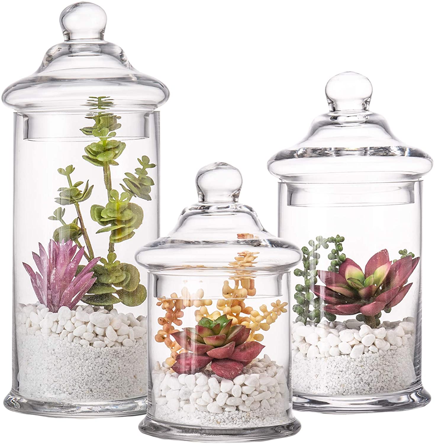Glass Apothecary Jars with Lids - Set of 3 - Bathroom Storage