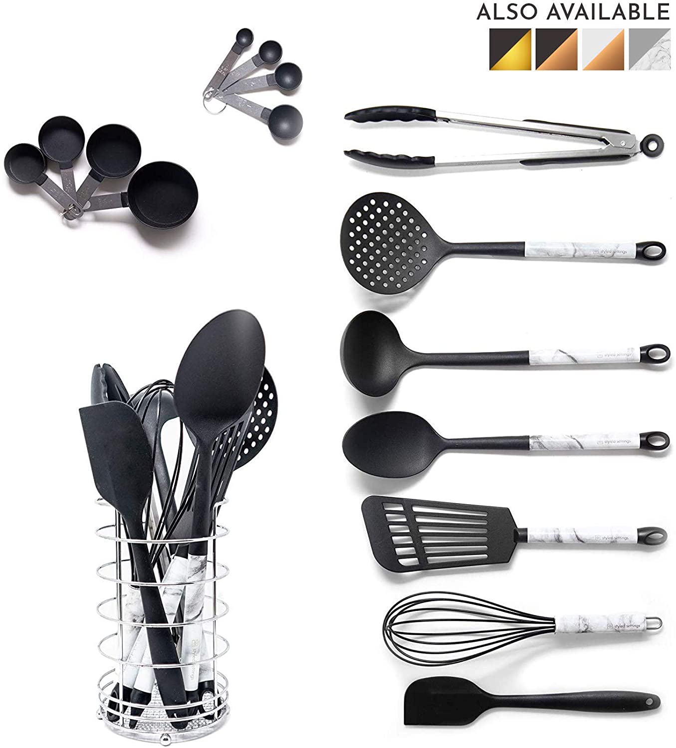 Styled Settings White & Gold Nylon Cooking Utensils with Holder and  Measuring Cups & Spoons 