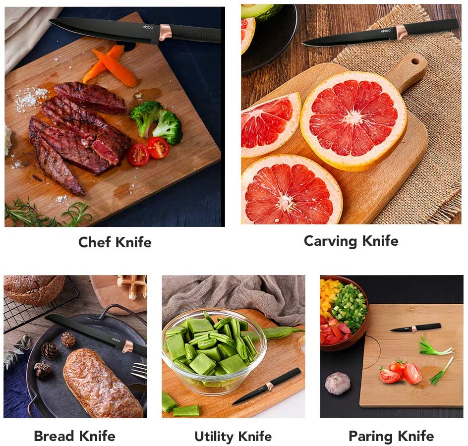 Deik Knife Set 6 Piece, Black Chef Knives with Sharp Blades Nonstick Coating Easy Grip Handle