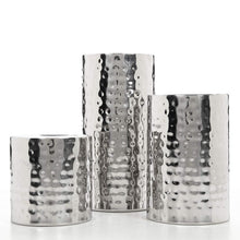 Load image into Gallery viewer, Silver Finish Pillar Candle Holders Set of 3