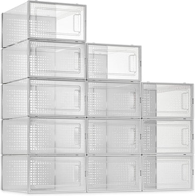 SESENO. 12 Pack Shoe Storage Boxes, Clear Plastic Stackable Shoe Organizer Bins, Drawer Type Front Opening Shoe Holder Containers