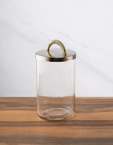 Glass Cookie/Candy Canister with Stainless Steel Lid- Silver and Gold (8"H)