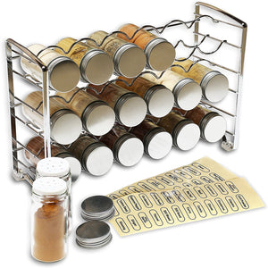 Spice Rack Stand holder with 18 bottles and 48 Labels, Chrome