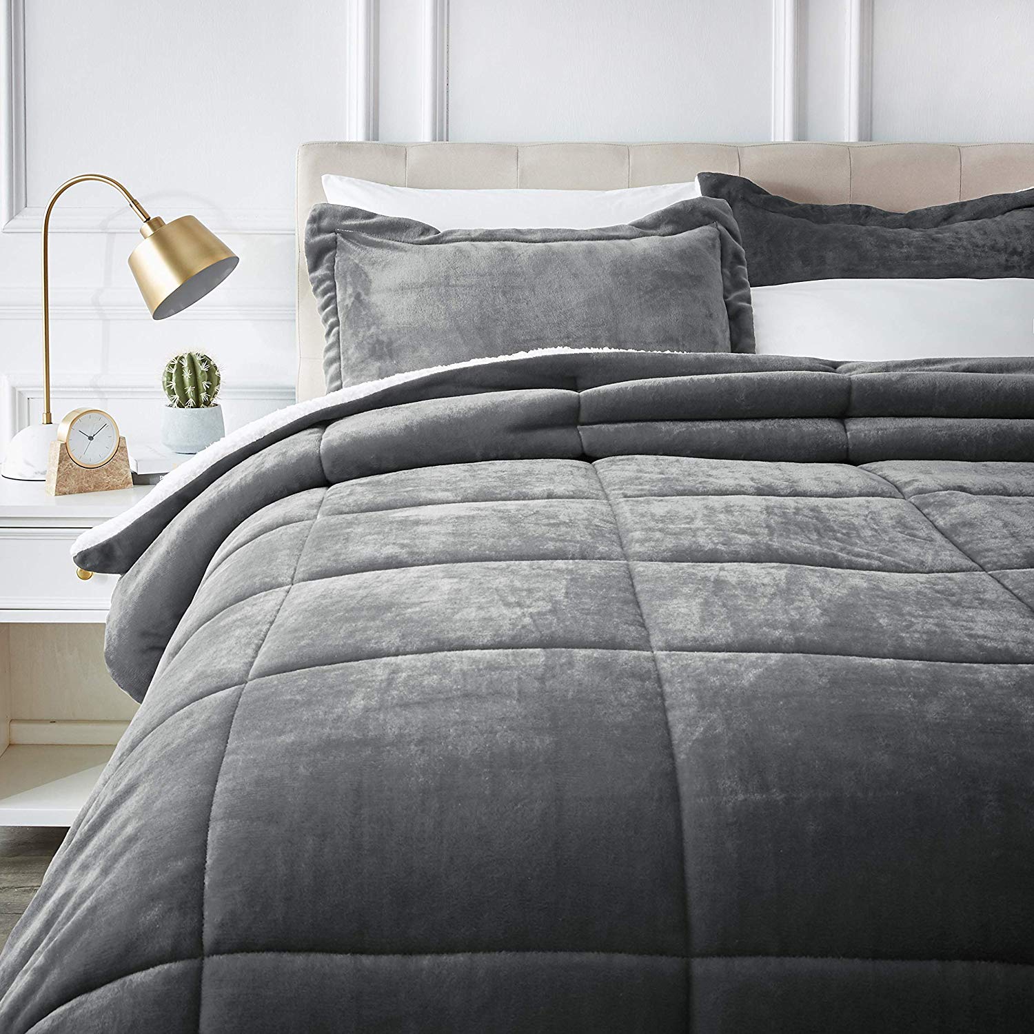 Ultra Soft Reversible Printed Stripe Microfiber Comforter Set - All-Season Warmth, Dark Grey - King